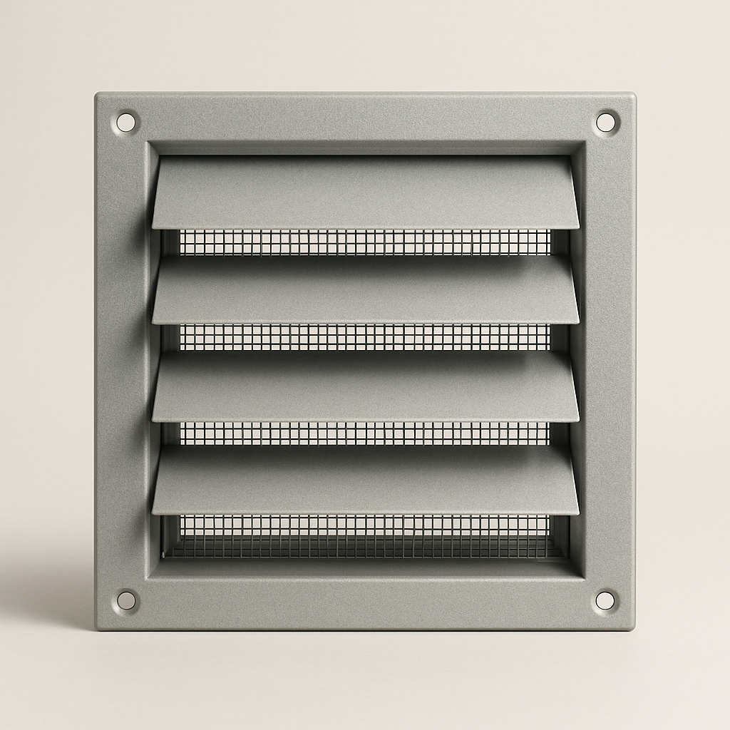 close view of metal screen pattern behind a raised plastic grille frame