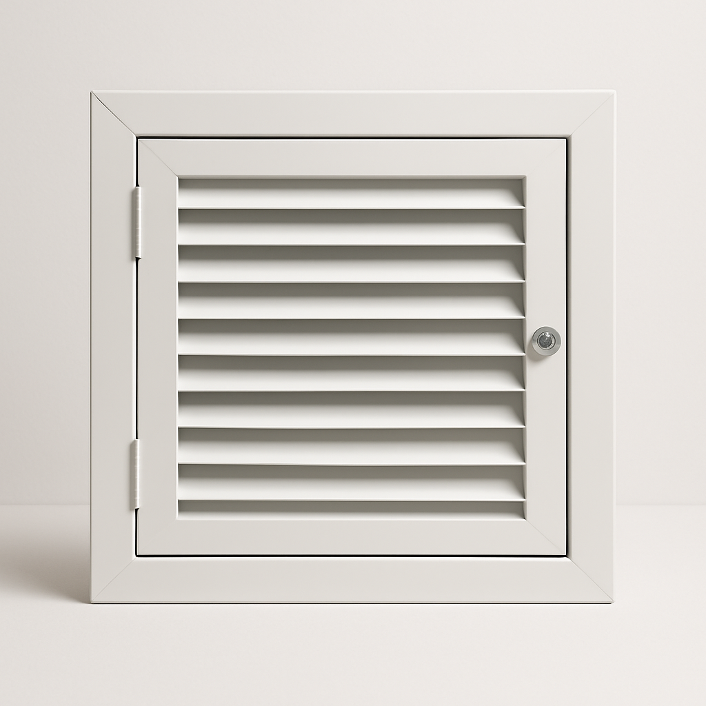 steel access grille with fixed louvers covering a duct opening