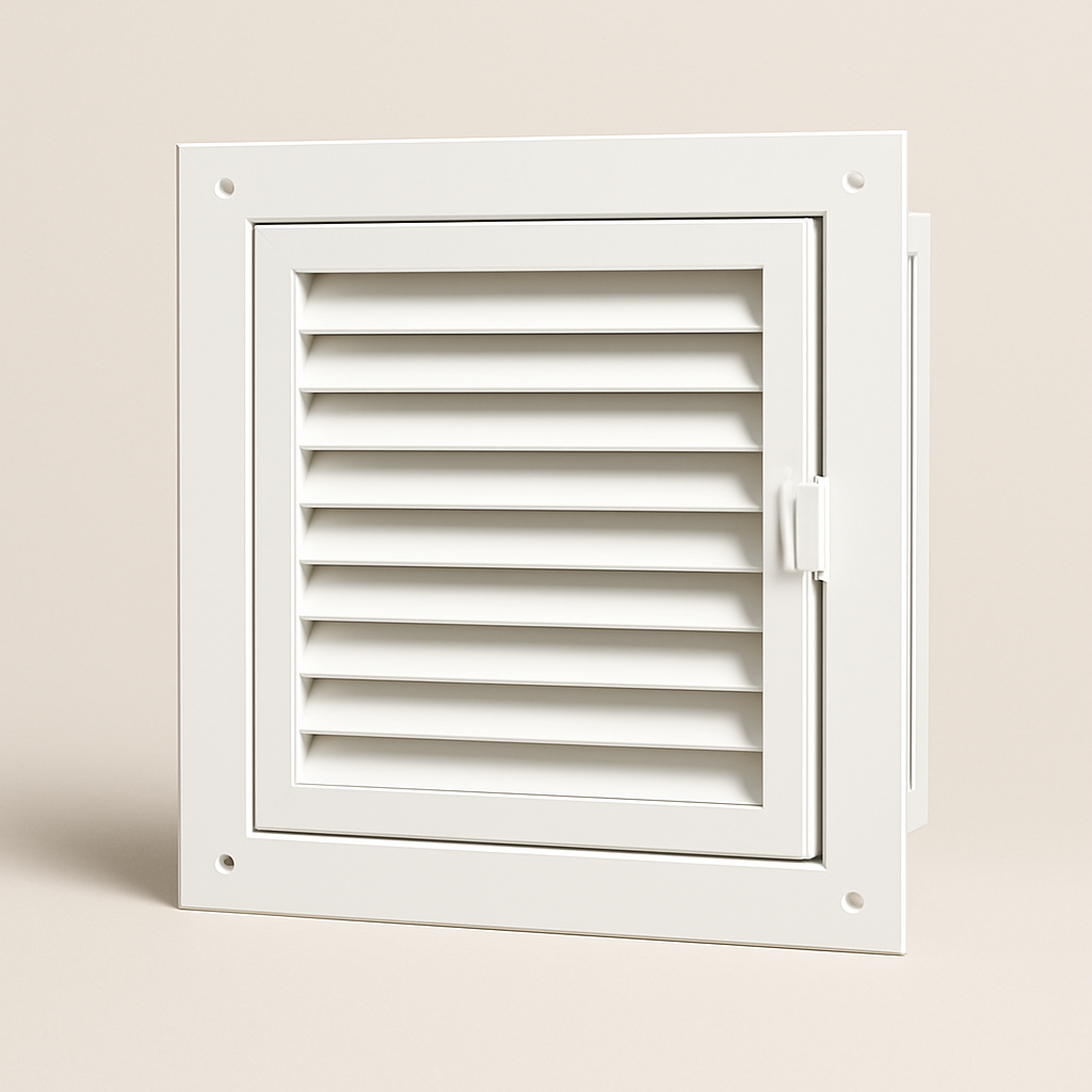rectangular service vent cover opened slightly to show the recessed cavity