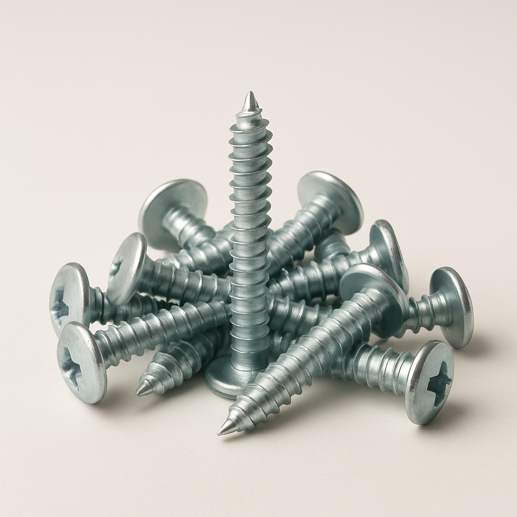 small pile of sharp point screws with bright zinc finish on a wood surface