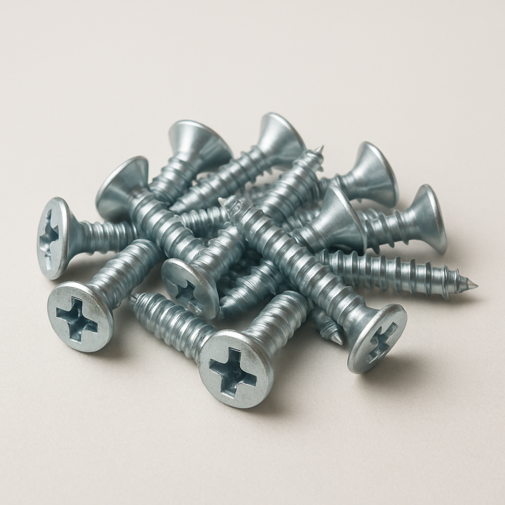 close view of threaded fasteners showing pointed tips and flat round heads