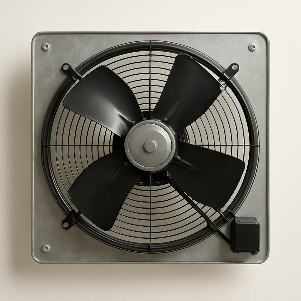 large wall mount shop ventilator with square steel frame and protective wire guard