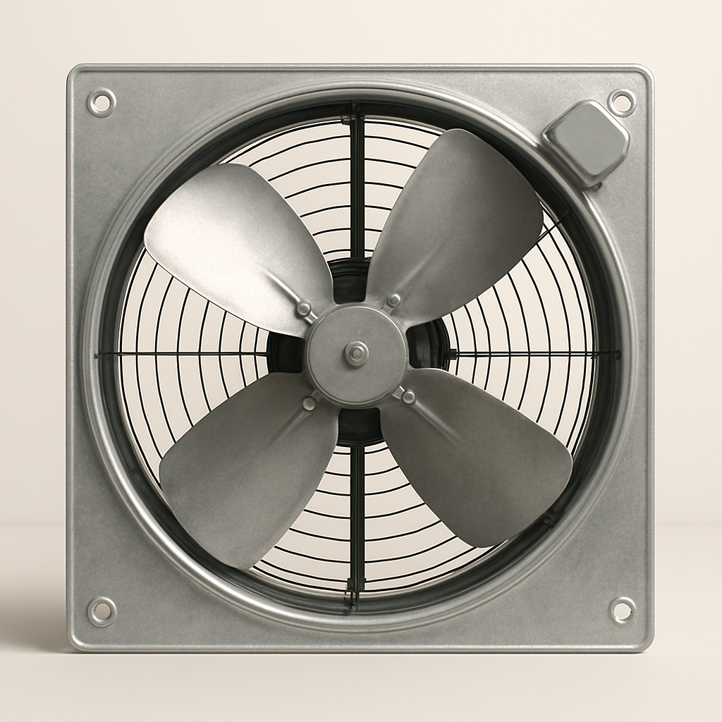 industrial exhaust fan shown from the side with deep housing and wide shutter blades
