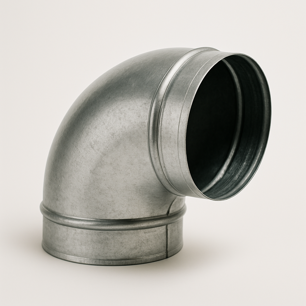 compact silver duct bend with a tight curve placed on a wooden bench