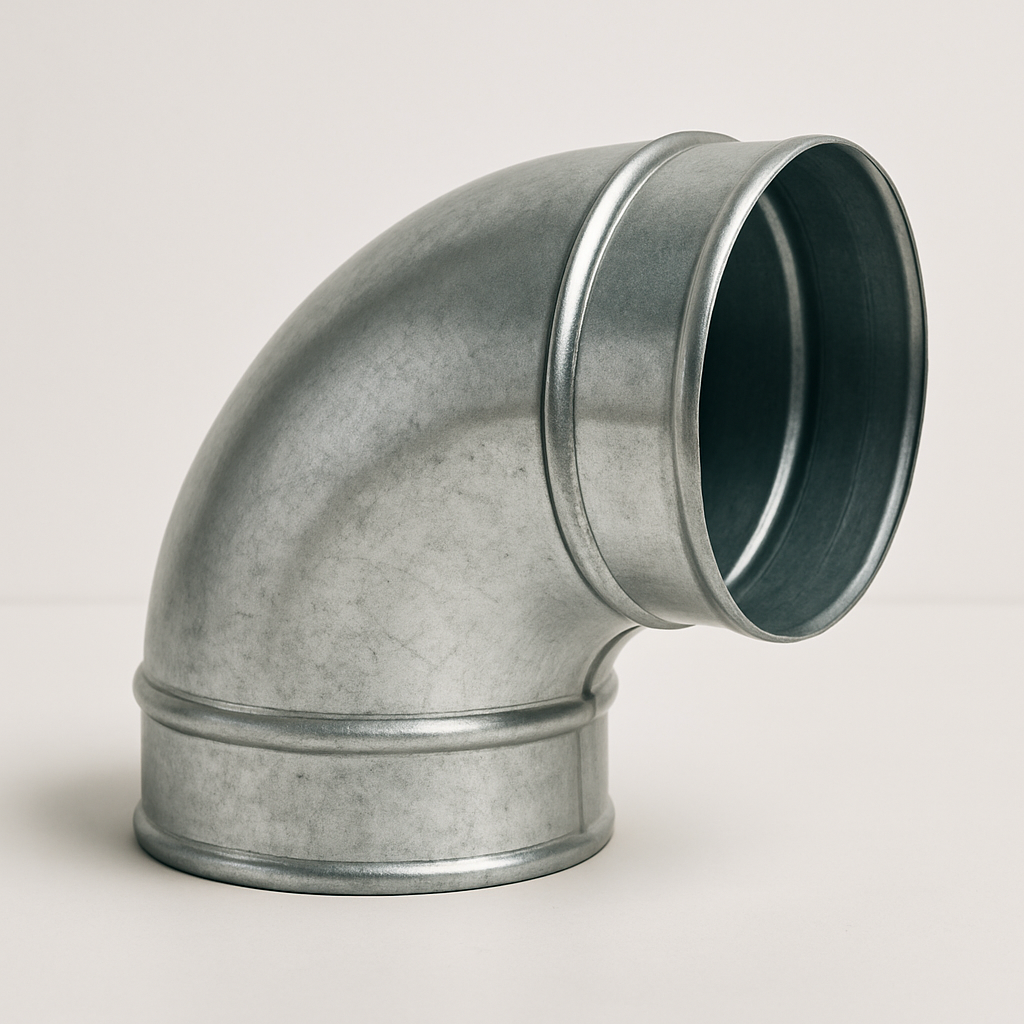 short curved metal fitting viewed head on, showing a round opening and rolled edge