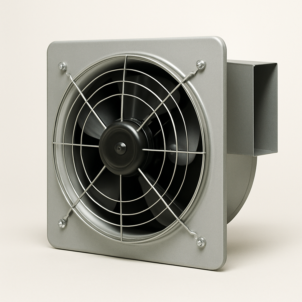 low angle view of a shallow fan housing showing offset side discharge collar and mounting tabs