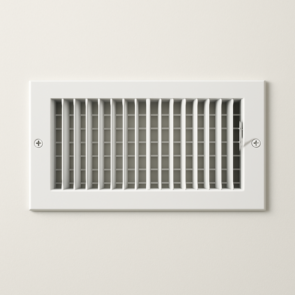 louvered wall vent with a white metal face and angled blades for directed airflow