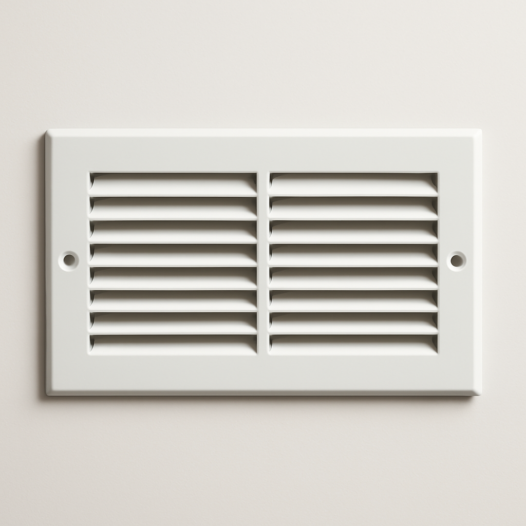 sidewall air grille installed on drywall with a visible damper behind the slats