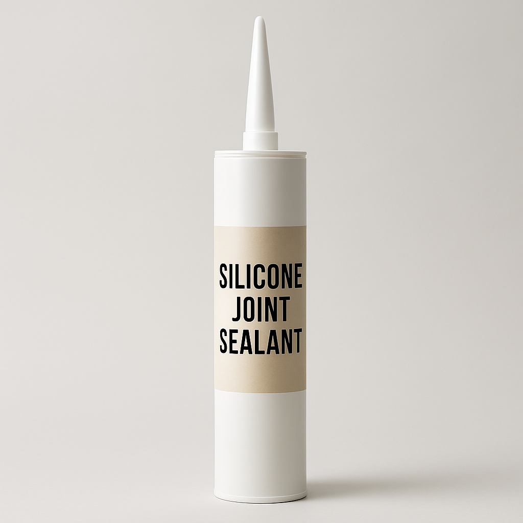 white caulk cartridge with tapered nozzle lying on a clean bench