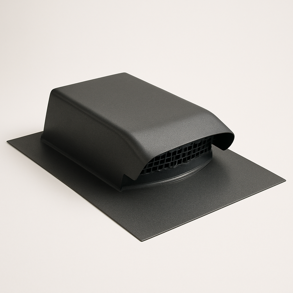 side view of a roof hood shaped for a pitched surface with a raised outlet