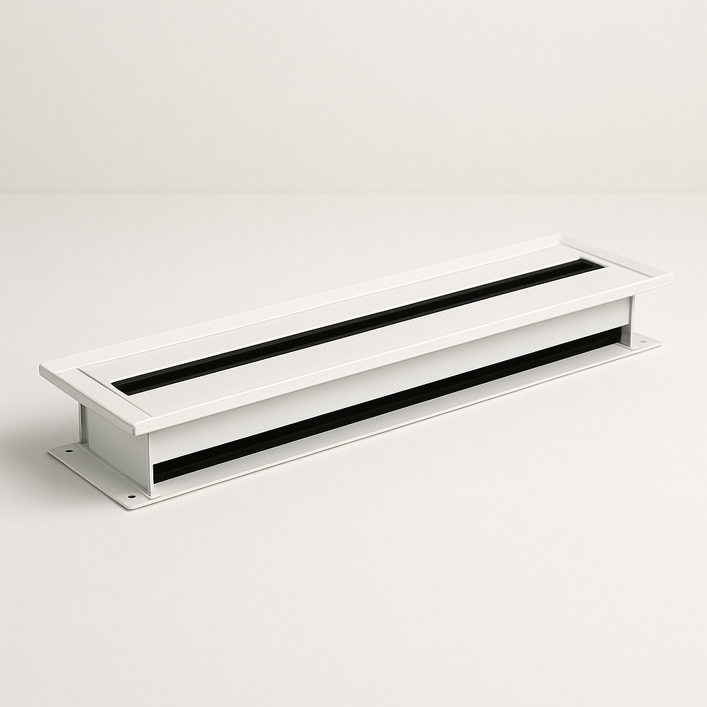 long narrow white slot vent with adjustable dark inner vanes on a plain surface