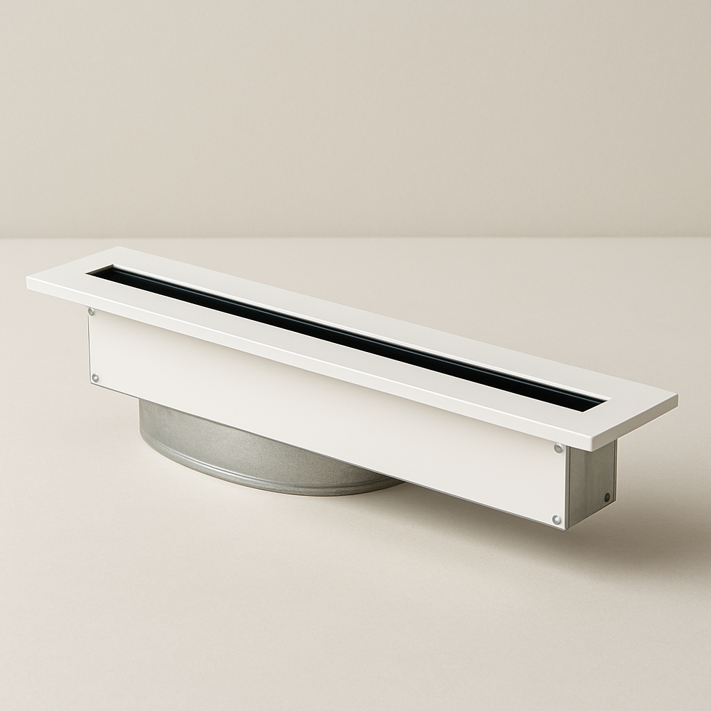 close-up of a linear ceiling slot showing slim opening and clean metal flange