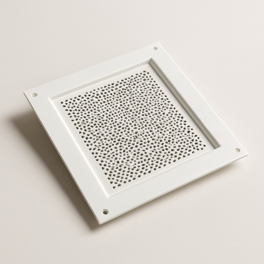 white screened soffit grille installed under an overhang near the wall edge