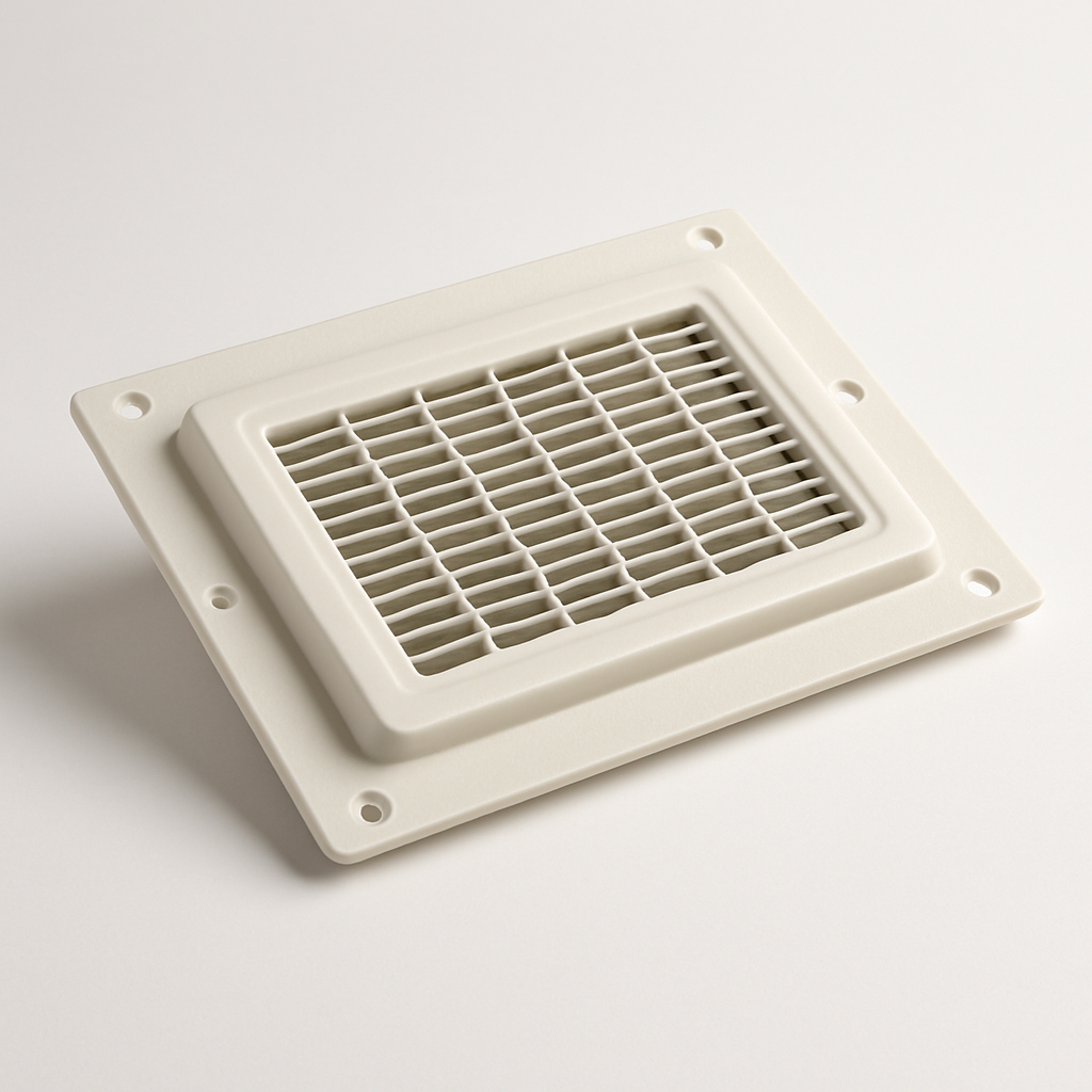close-up of shallow intake panel with perforated face and narrow mounting lip
