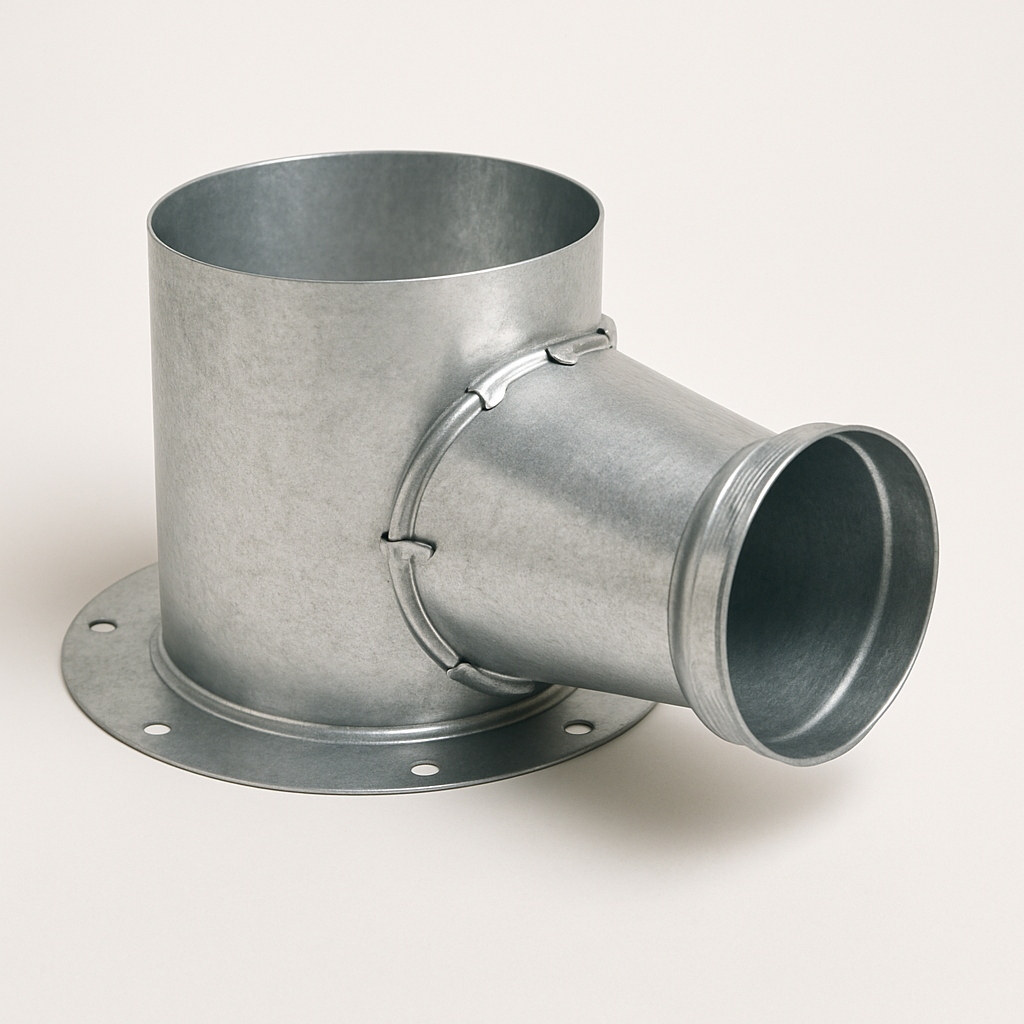 small galvanized spin in branch fitting with notched rim shown on a workbench