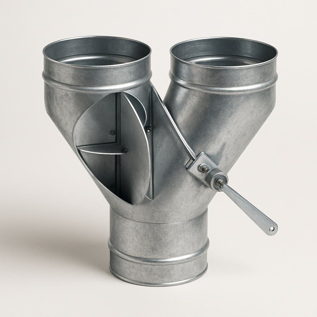 galvanized branch duct splitter with an angled internal plate directing airflow between two openings