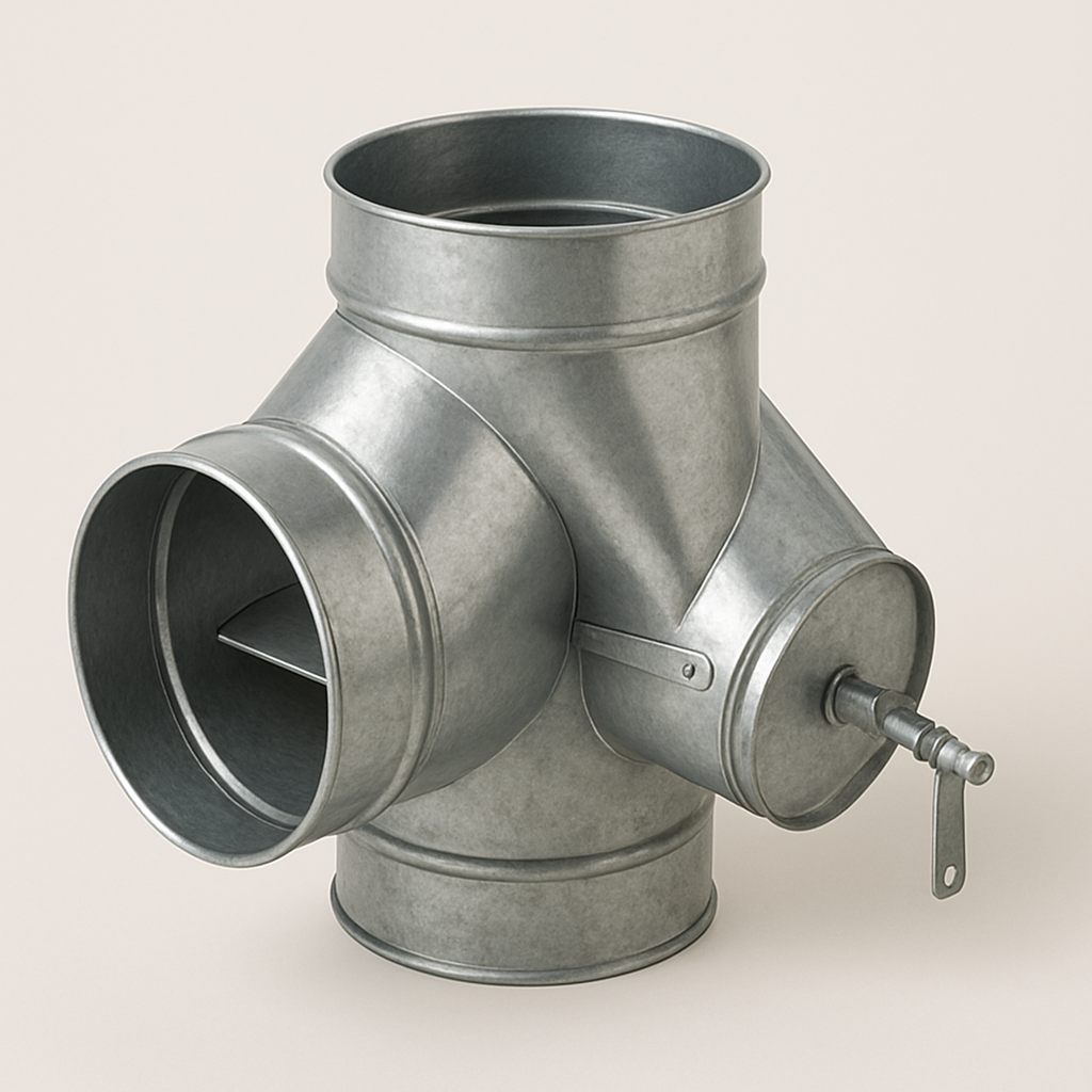 overhead view of a y shaped metal duct fitting with a small manual adjustment lever