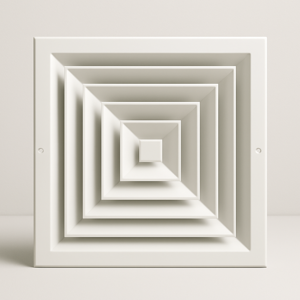 white square metal air diffuser with fixed angled blades on a light background