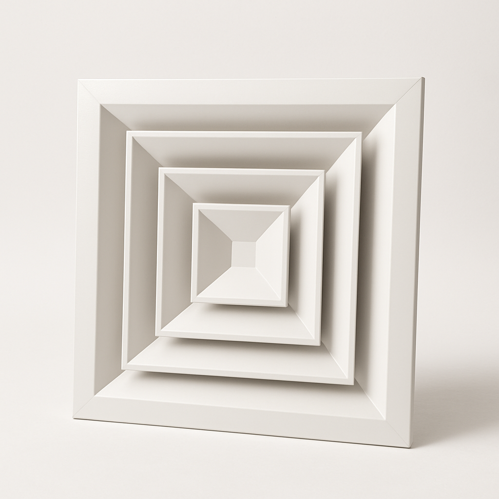 front view of a square vent face with clean trim edges and recessed louvers