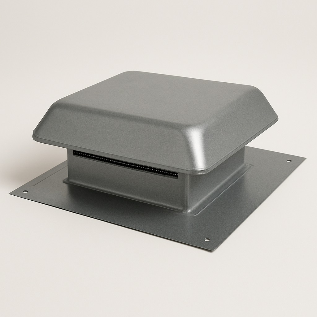 square metal ventilation cap with a flat flange and raised louvered top