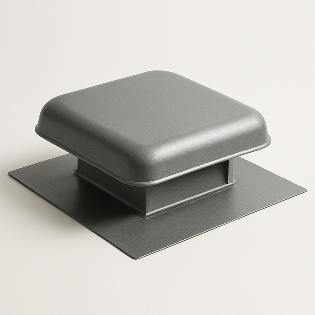 angled studio shot of a box shaped roof termination with folded seams