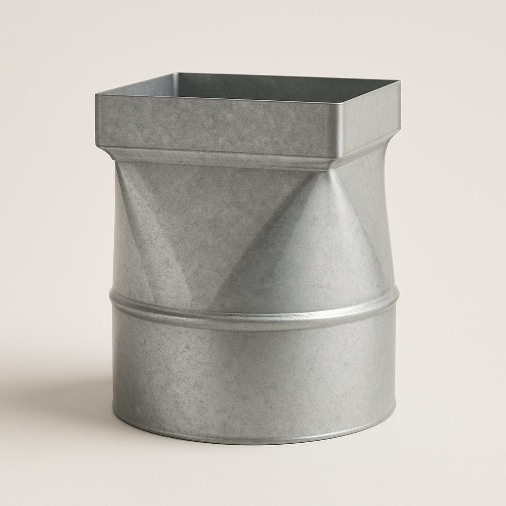 square base to circular outlet metal transition standing upright on a grey surface