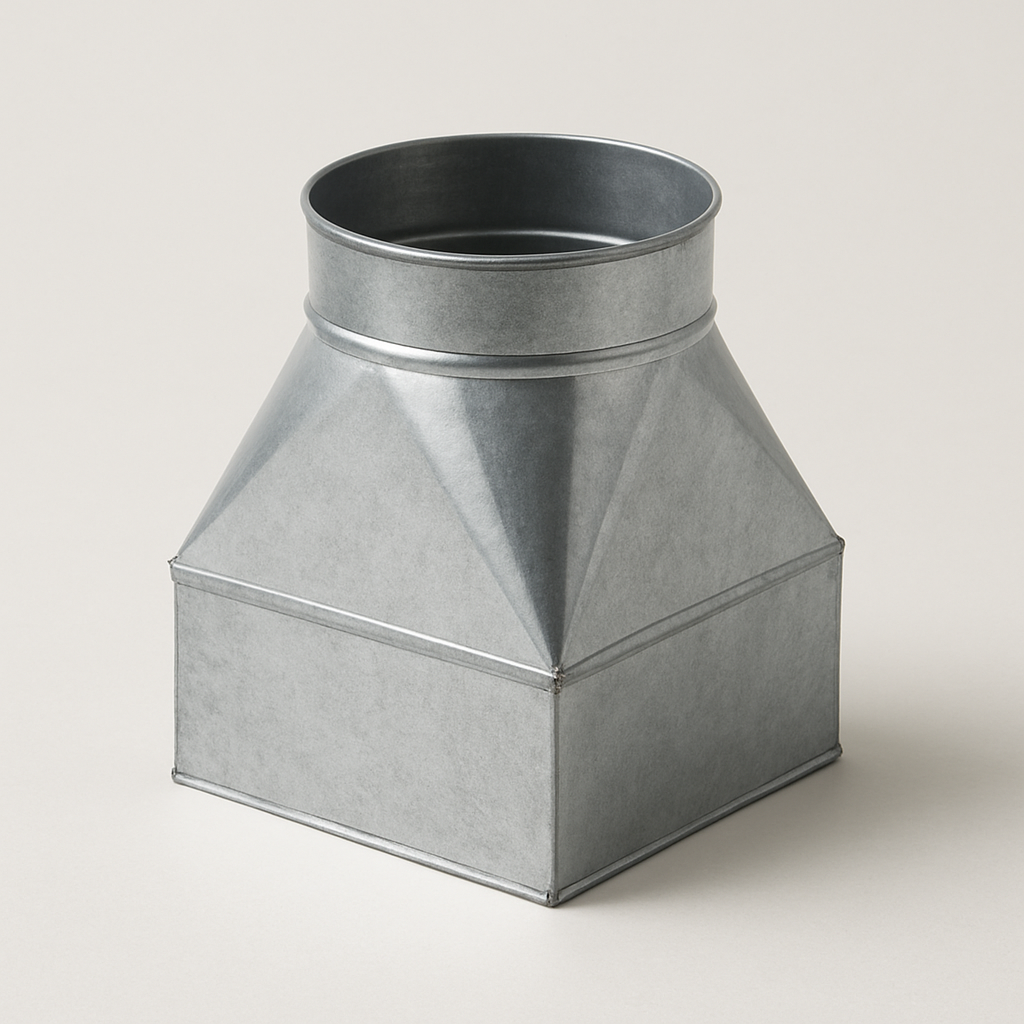 galvanized plenum adapter viewed from above, showing square edges and round opening