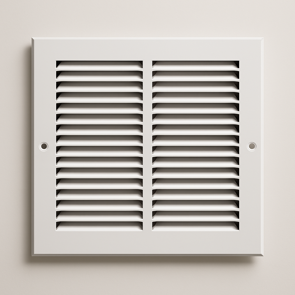 white stamped metal vent cover with shallow fixed louvers