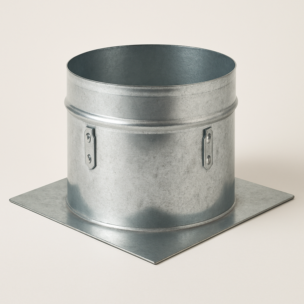 small round metal takeoff collar viewed from above, showing a circular opening and flange