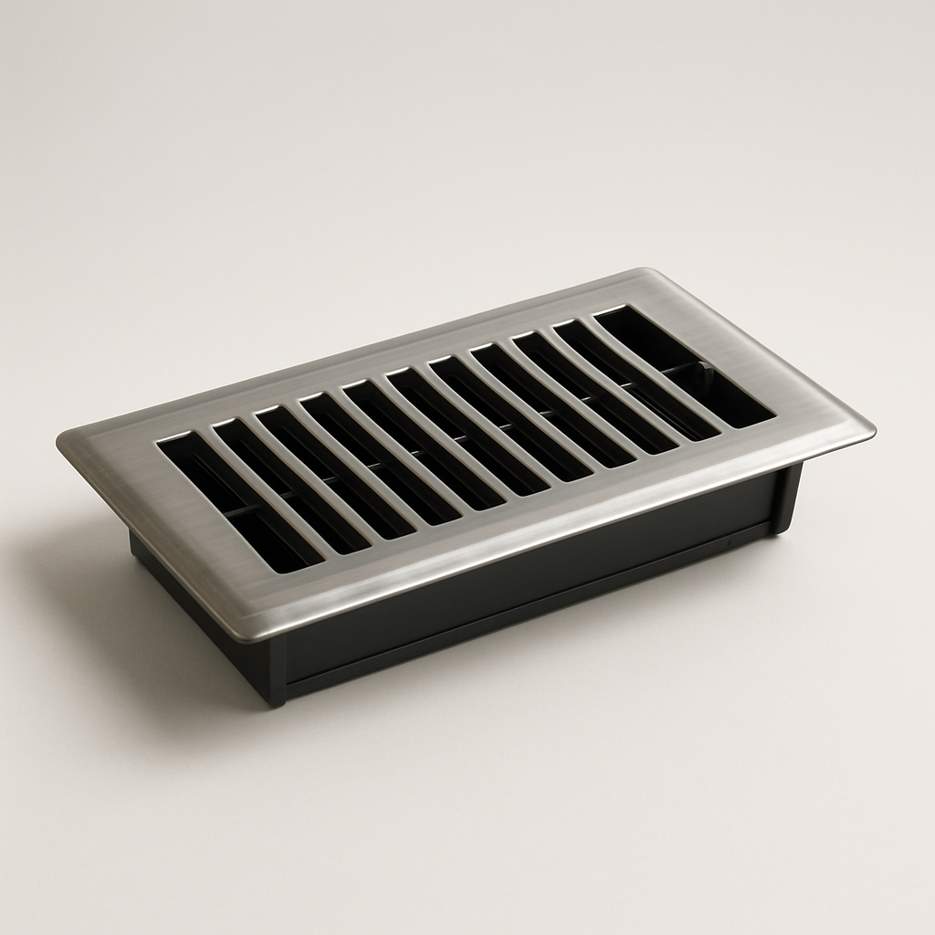 silver steel floor vent with reinforced ribs and a brushed metal finish