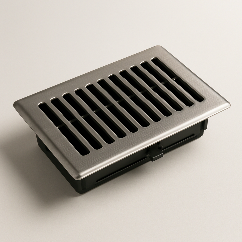 heavy metal register shown at a side angle with sturdy slats over a dark duct opening