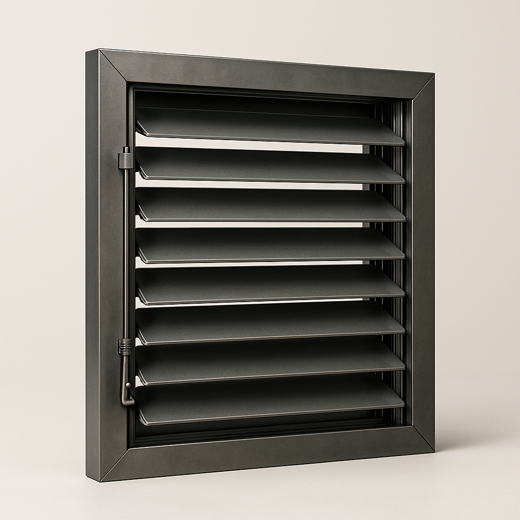 painted steel interior vent with fixed horizontal slats set in a simple wall frame