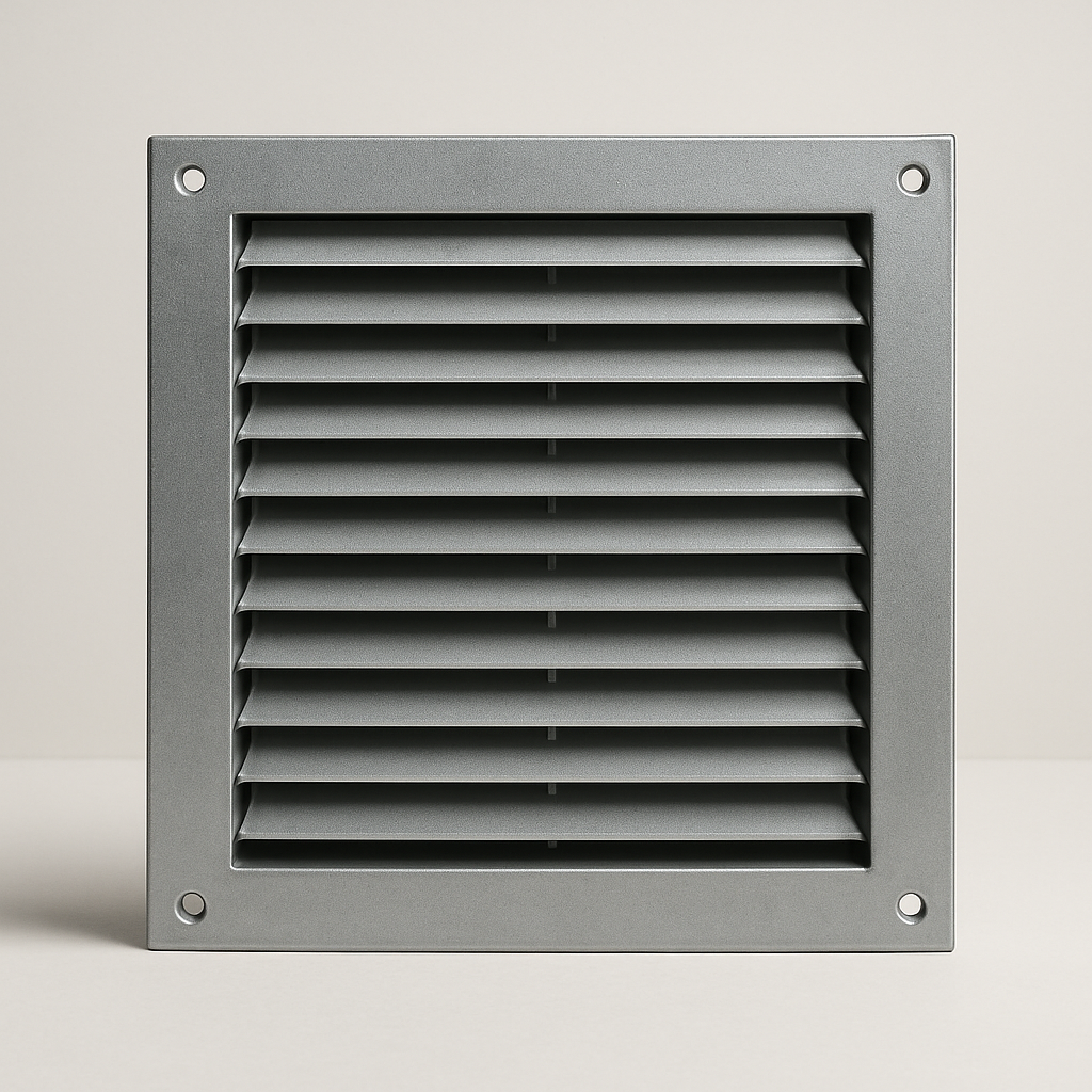 powder coated steel grille with straight fixed blades and a sturdy frame