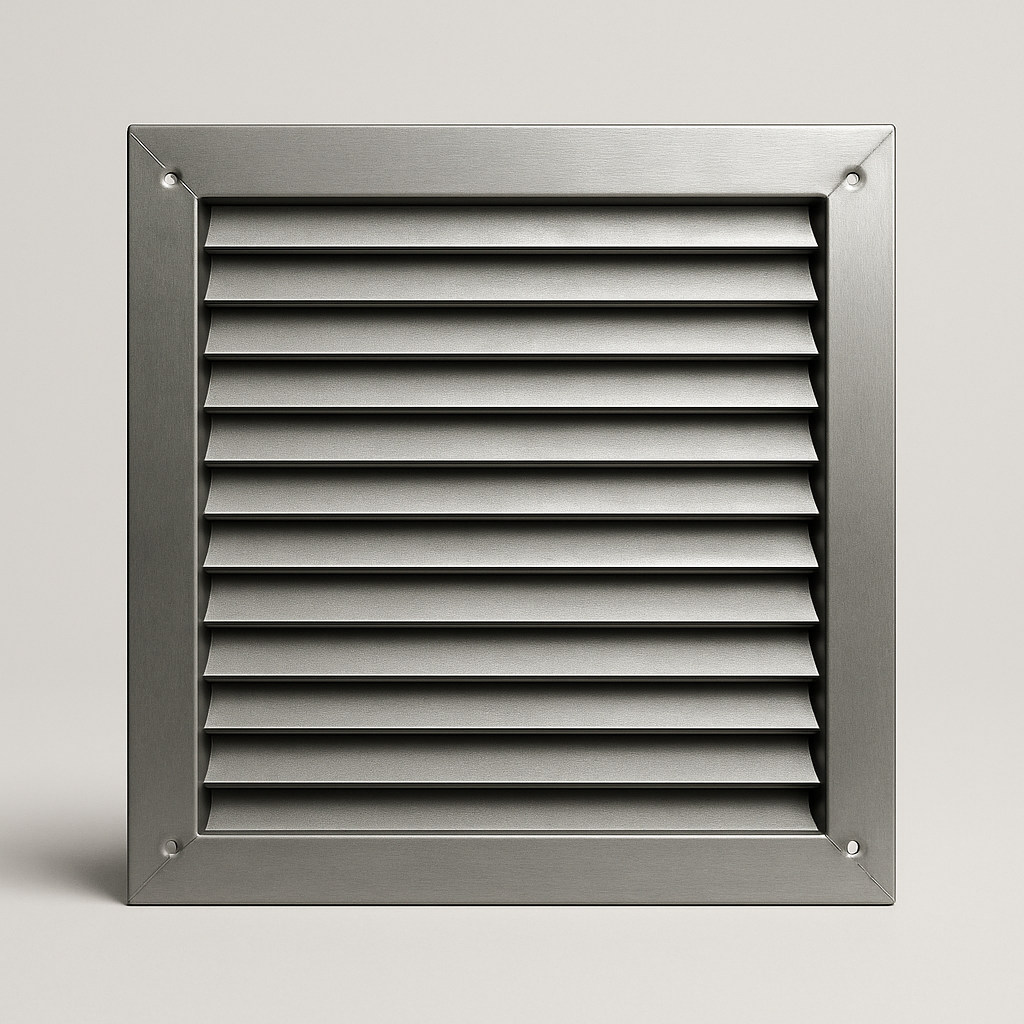 dark metal vent cover shown at an angle to reveal its rigid blade profile