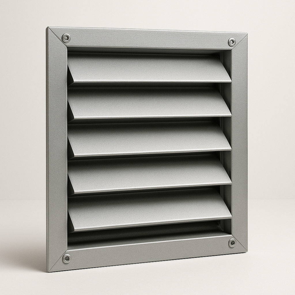 heavy gray exterior vent with deep angled blades and a sturdy rectangular border