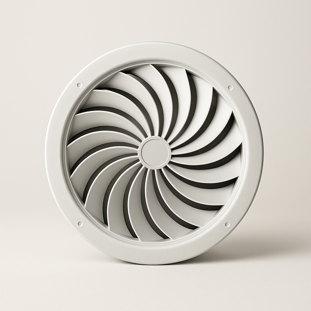 white circular swirl vent with curved radial blades on a clean studio background