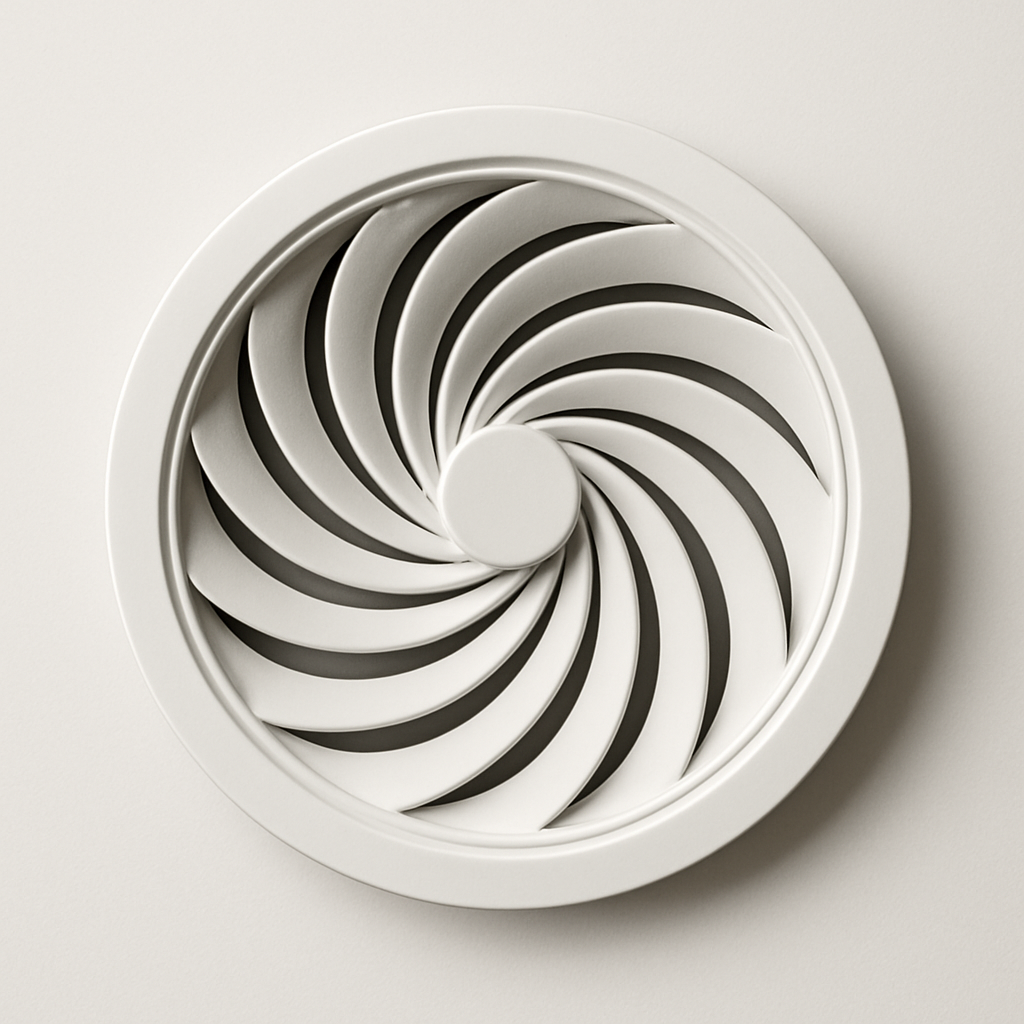 ceiling view of a round high induction diffuser with spiral blade pattern