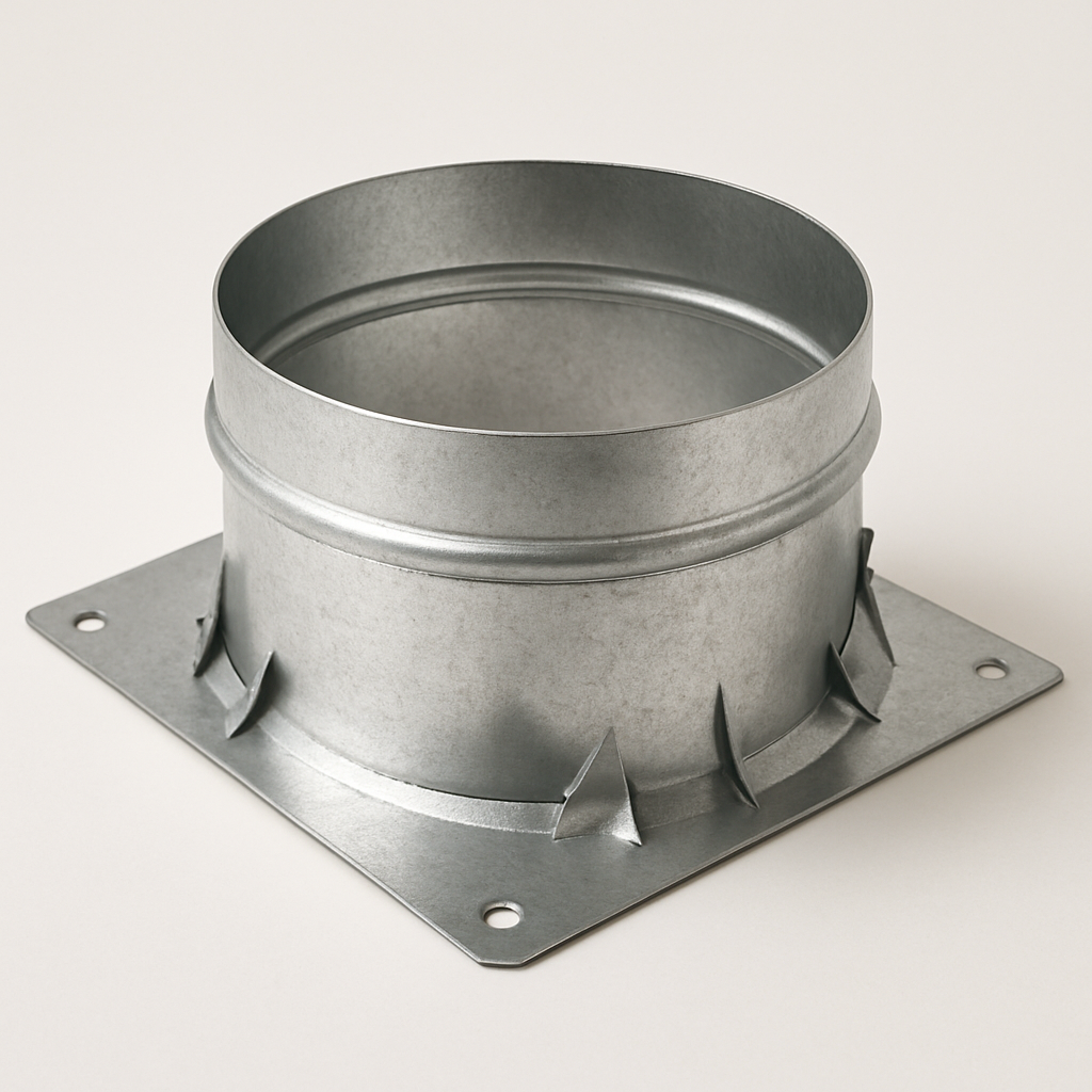 flanged galvanized collar fitting displayed flat with a raised round outlet