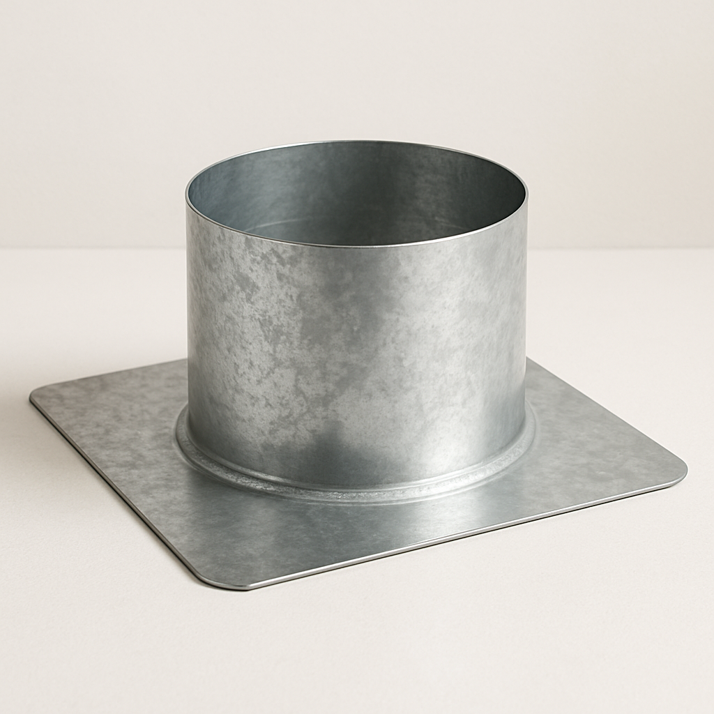 round metal branch collar shown at an angle with screw holes around the base flange