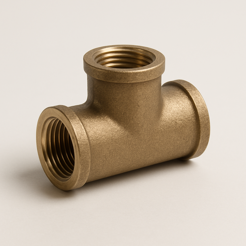 silver tee shaped round duct connector centered on a plain white background