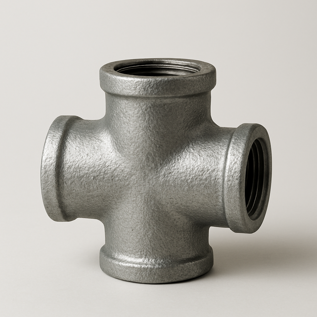galvanized branch fitting viewed from the end with the side outlet crossing the body