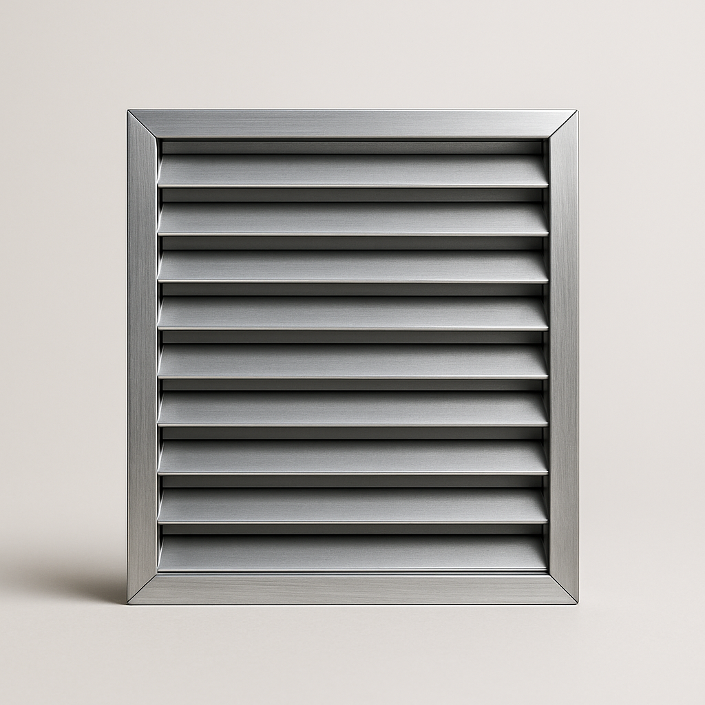 slim gray vent panel with thin fixed blades in a narrow rectangular frame