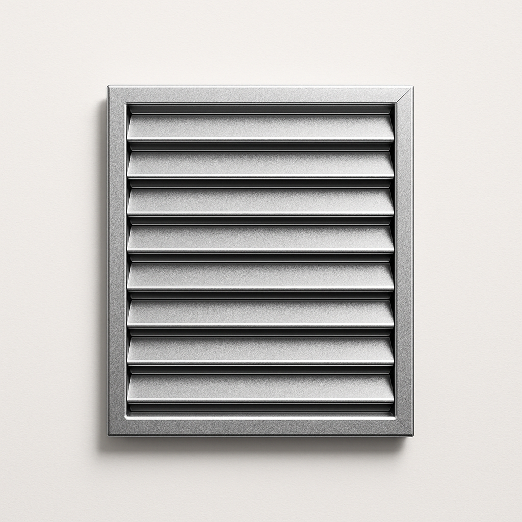 side angle of a low profile metal louver showing shallow depth and tight horizontal slats