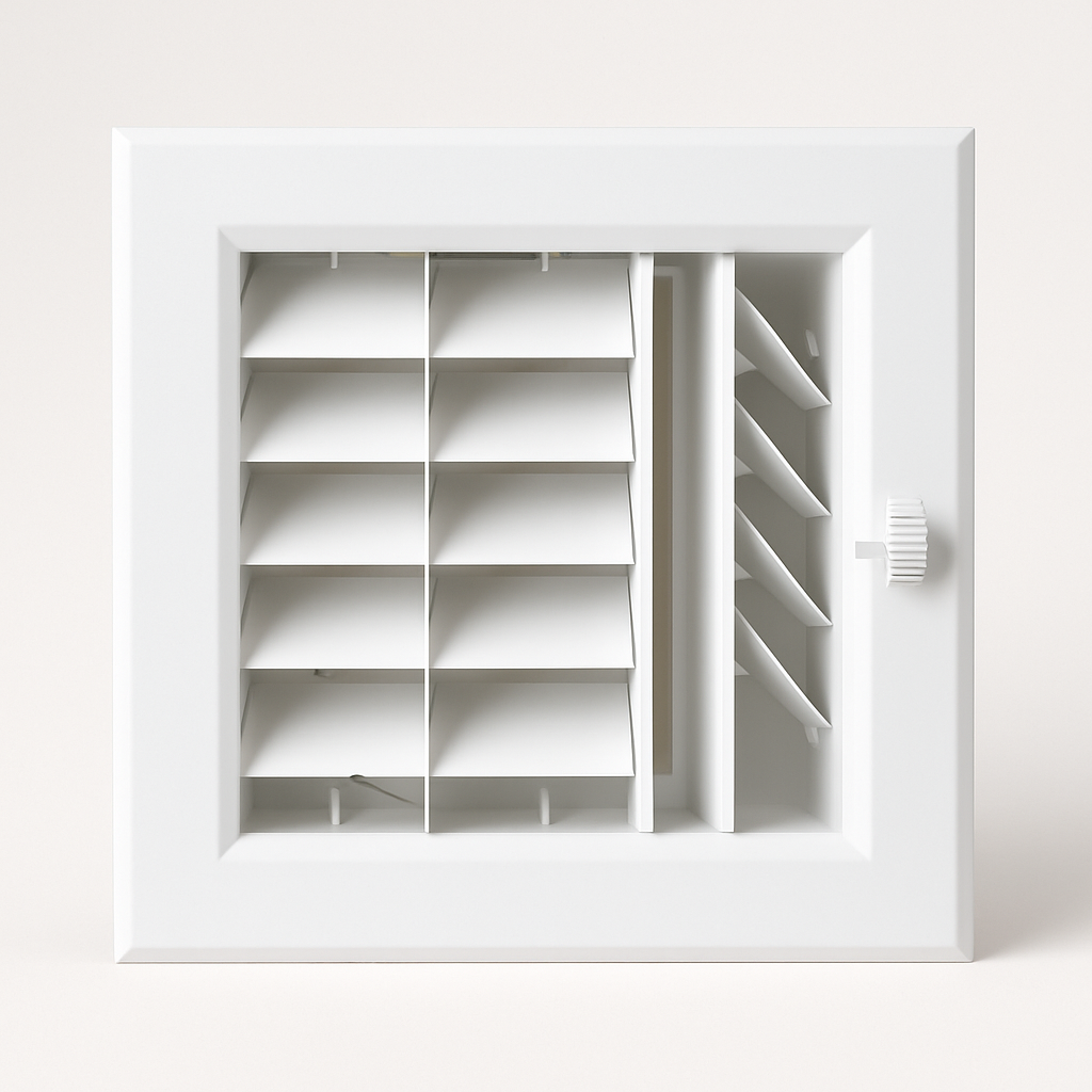 ceiling air vent with three angled louver sections for spreading supply air