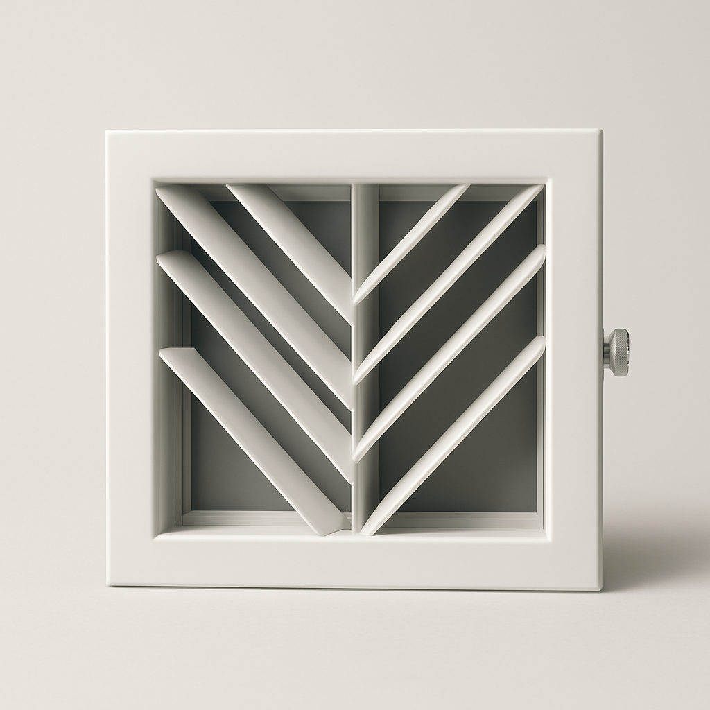 square directional grille viewed from below with a clean white face and open blades