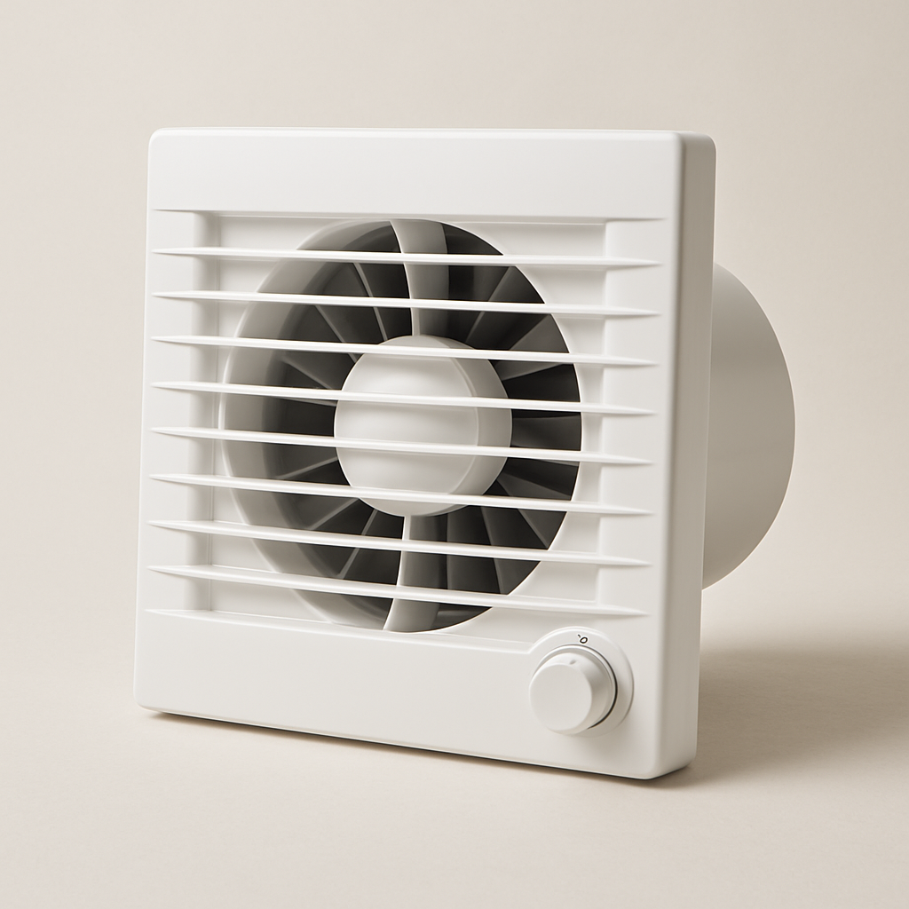 ceiling mounted exhaust unit with white grille and a simple wall timer shown beside it