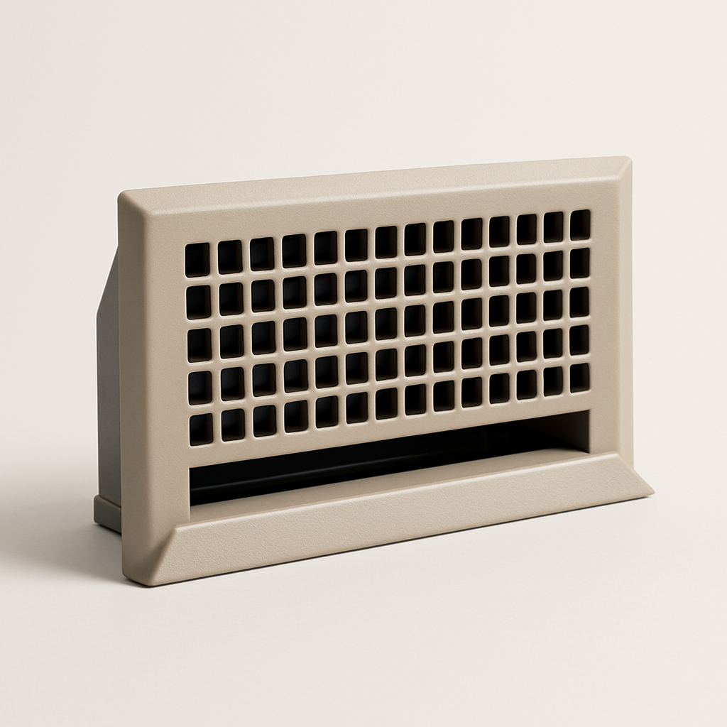 narrow air vent mounted below a cabinet base with horizontal white slats