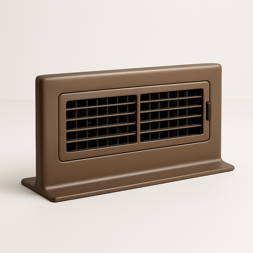 low cabinet supply grille shown in a recessed toe space above a hard floor