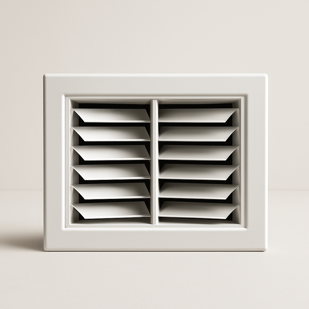 metal air vent with two directional louver sections sending airflow left and right