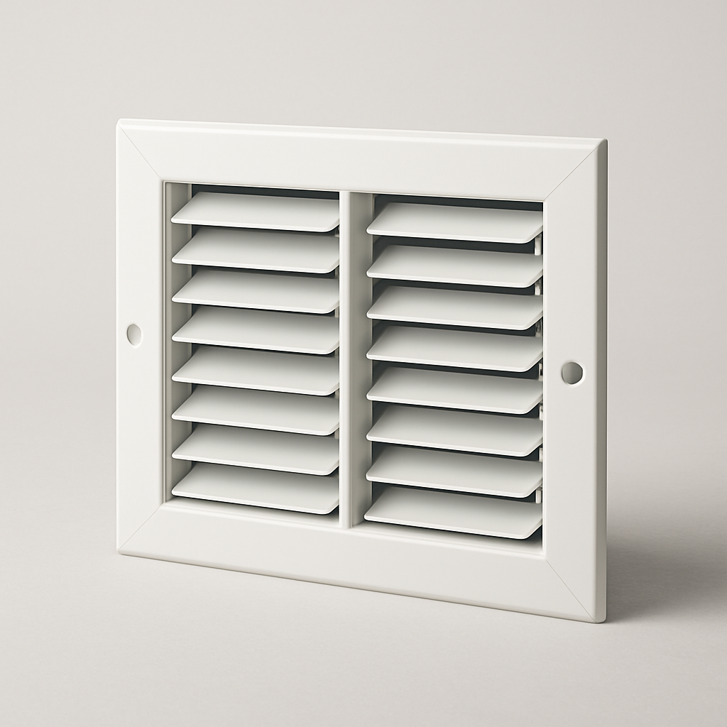 rectangular supply grille shown from the front with a central divider and damper blades